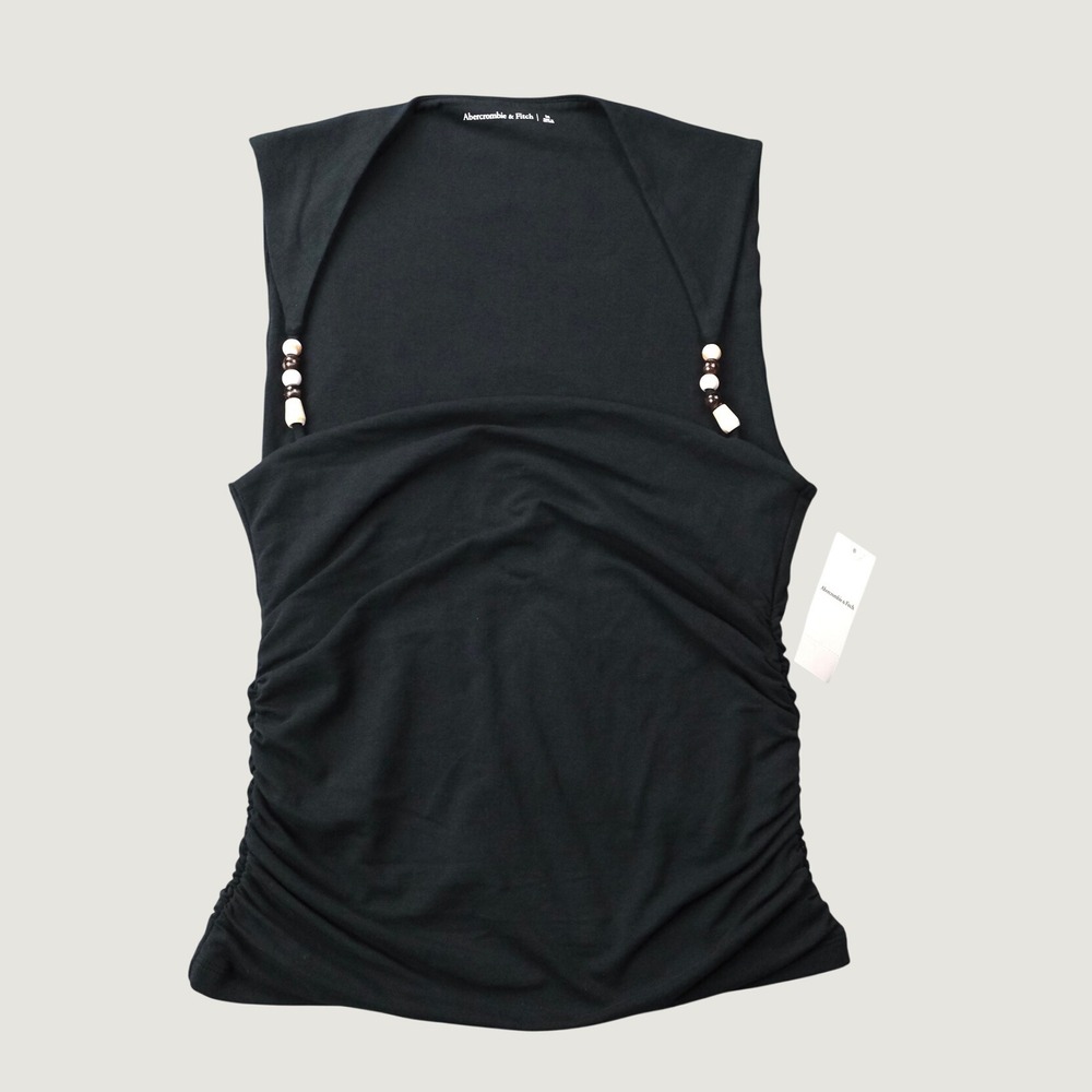 Abercrombie & Fitch Tank Top Ruched Beaded M Black Cottonn Sleeveless NWT